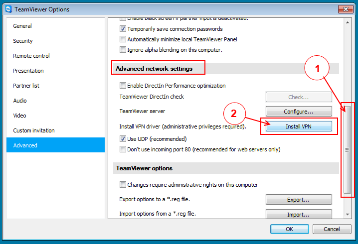 teamviewer vpn option not showing